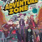 The cover for The Adventure Zone: Petals to the Metal. Merle, Taako, and Magnus are posing in front of a battlewagon. Merle has the adamant spanner on one shoulder, sitting on the hood. Magnus is leaning against the door, tossing a d20. Taako is twirling a ring of keys around his finger. Griffin is in the top left corner, waving a checkered flag.