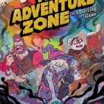 The cover for The Adventure Zone: The Suffering Game. In the center is Taako on his knees holding himself up with his Umbrastaff and a D20. His clothes are torn. Behind him is Magnus brandishing his spear, Chance Lance, and yelling. Next to Magnus is Merle reading from his Extreme Teen Bible. Above them is a colorful stained glass ceiling. In the top left corner is Griffin with a book full of holes. The foreground of the image is a swirling black sludge with colorful flecks.