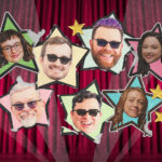 A collage of star-shaped stickers featuring the faces of Rachel, Griffin, Travis, Teresa, Clint, Justin, and Sydnee McElroy in front of a red curtain