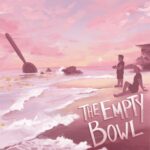 An illustration of a beach in tones of pink and orange. Justin Mcelroy is standing looking at the ocean with a bowl of cereal in his hands. Dan Goubert is sitting on the beat with his eyes closed. There's a giant spoon sticking up in the ocean and giant pieces of cereal floating in the water.