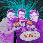 A photo of Justin, Travis, and Griffin that looks like it was printed via mimeograph and pasted down. They are pretending to hold things and over their hands are stickers of Garyl inside a rainbow heart, a sword, and a hot dog. An oval sticker that overlaps Griffin slightly reads "MISC"