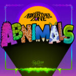 The Adventure Zone logo sits about illustrated text that reads “Abnimals”. Each letter of the word has the texture and/or patterns of a different creature, some furry, some scaly, and others with tusks or antennae at their points. The frame around the text has DNA strands at the top, and a neon green goo at the bottom.