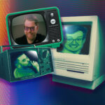 Two old TVs stacked on top of each other next to an old computer, each one showing a different McElroy brother's face.