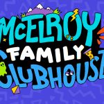 The McElroy Family Clubhouse logo pictured on a blue background covered in 90's style squiggles