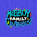 The McElroy Family Clubhouse logo pictured on a blue background covered in 90's style squiggles