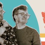 A photograph of Justin, Travis & Griffin McElroy standing together, looking up and to their left. It looks like they are gazing at the old MBMBaM logo, which is on the right in orange.