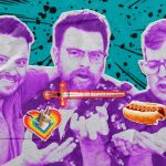 A photo of Justin, Travis, and Griffin that looks like it was printed via mimeograph and pasted down. They are pretending to hold things and over their hands are stickers of Garyl inside a rainbow heart, a sword, and a hot dog. An oval sticker that overlaps Griffin slightly reads "MISC"