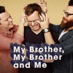 A photograph of Justin and Travis bothering an upset-looking Griffin, who is between the two of them. The old MBMBaM logo is superimposed below them