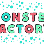 The words "Monster Factory" are illustrated in bold wiggly text, surrounded by aqua dots