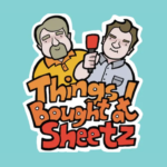 An illlustration of Dwight Slappe and Justin McElroy, with Justin holding a red microphone between them. Below them are the words "Things I Bought at Sheetz"