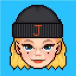 a pixel portrait of a man with long blonde hair who is wearing a beanie with the letter "J" on the front