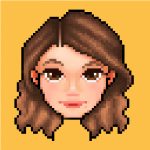 A pixel portrait of a woman with long wavy light brown hair