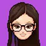 a pixel portrait of a woman wearing glasses with long dark brown hair