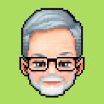 A pixel portrait of Clint McElroy, he is wearing glasses and has trim white hair and a white beard