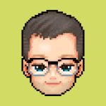 a pixel portrait of Griffin McElroy, he is wearing glasses and has trim light brown hair