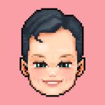 a pixel portrait of Justin McElroy, he has trim dark hair