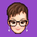 a pixel portrait of a woman with short brown hair who is wearing glasses and long earrings