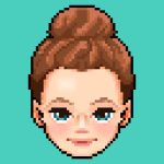 a pixel portrait of a woman with her light brown hair in a high bun