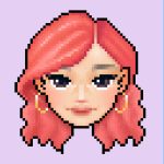 a pixel portrait of a woman with long wavy red hair who is also wearing gold hoop earrings