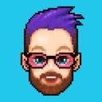 A pixel portrait of Travis McElroy, he is wearing red tinted glasses an has purple hair