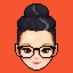 a pixel portrait of a woman wearing glasses with her dark hair in a high bun