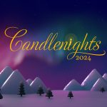 A 3D modeled snowy field with mountains and pine trees in the distance. The sky has a red, green, and blue aurora, and superimposed over the top reds "Candlenights" in a golden flowing script, with an illuminated candle flame for the dot of the I.