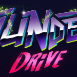 An illustrated logo for the Twenty Thunder Drive Tour. It is purple chrome and neon pink and surrounded by electricity.